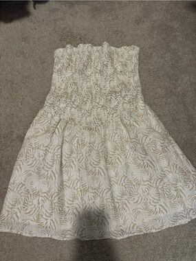 CO Cream Strapless Smocked Dress with Tan Print